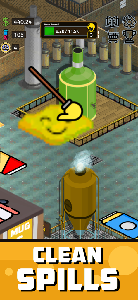 Idle Brewery: Beer Tycoon - Gameplay screenshot of Idle Brewery Beer Tycoon showing a mop cleaning a spill on the factory floor