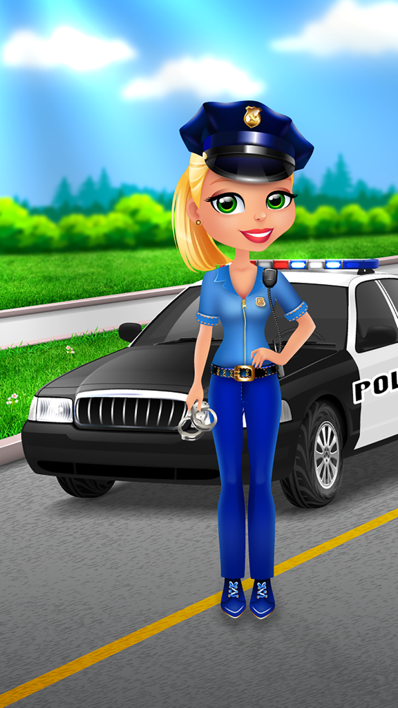Ava Grows Up - Makeup, Makeover, Dressup Girl Game - Ava dressed as a police officer standing in front of a patrol car
