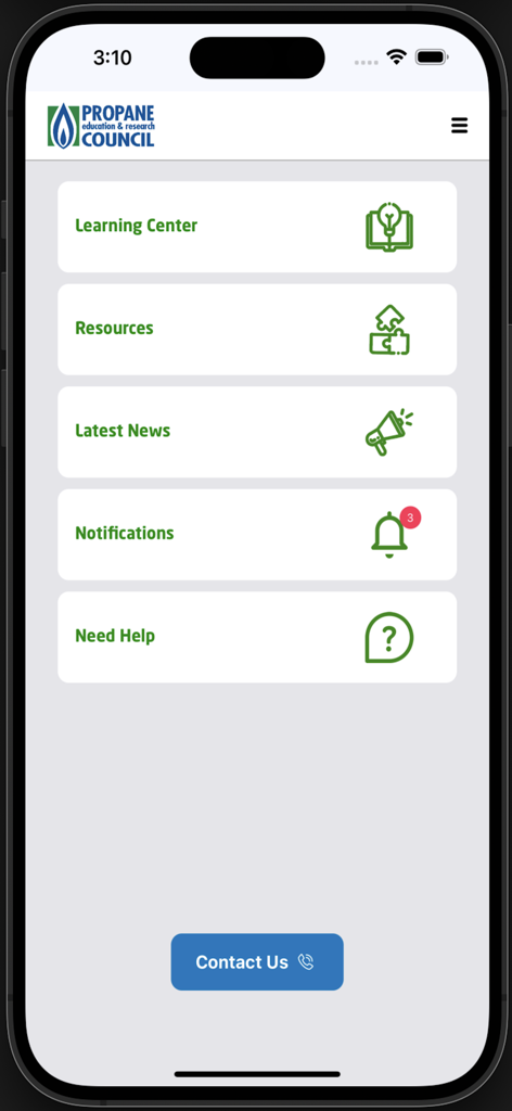 Main dashboard of the PERC App showing navigation options for Learning Center Resources and Latest News