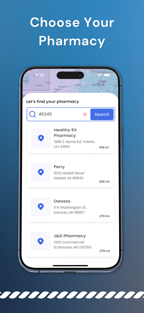 Quick Rx - Quick Rx app screen showing a search bar and list of local pharmacies with addresses and distances.