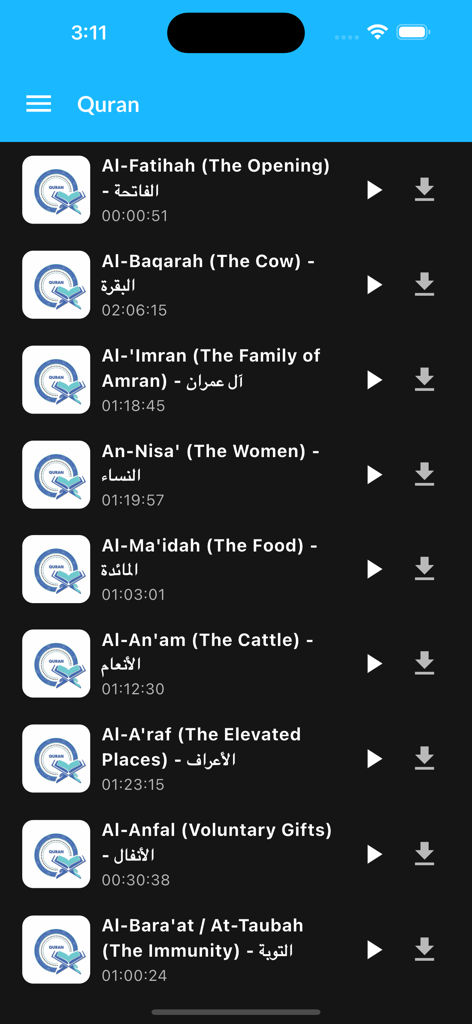 Liste des sourates du Coran avec options de lecture et de téléchargement audio