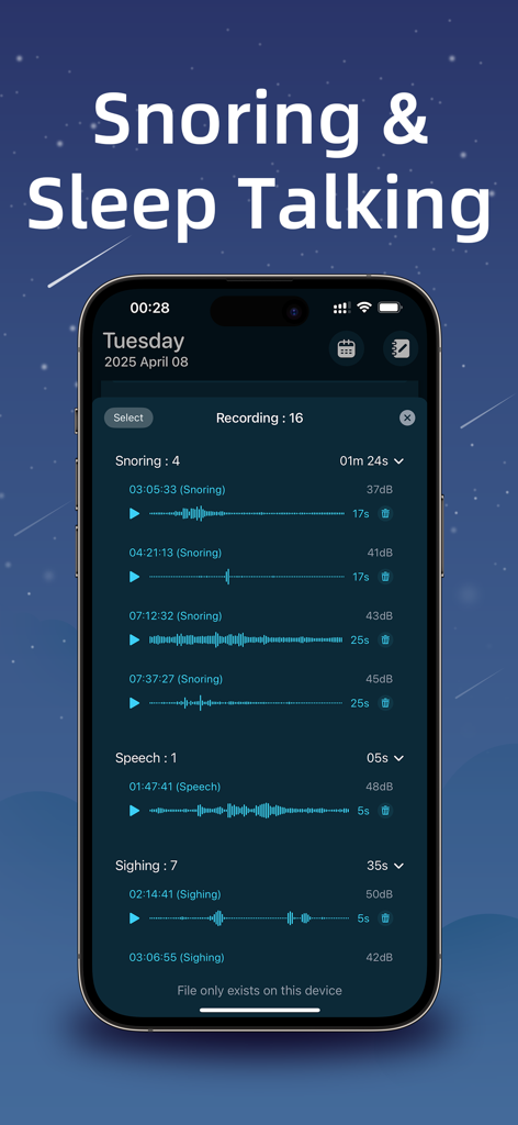iSleeper: Sleep Tracker - Interface do aplicativo iSleeper mostrando gravações de áudio de ronco e conversas durante o sono com aviso de privacidade de armazenamento local