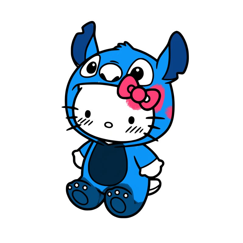 little cute hello kitty, blushing with little stitch costume