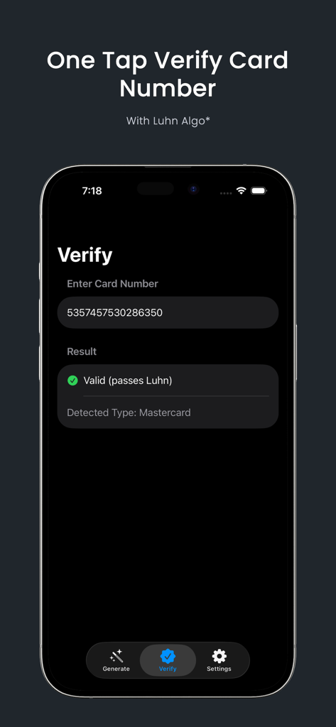 Interface of the Credit Card Generator app showing a successful verification of a Mastercard number using the Luhn algorithm