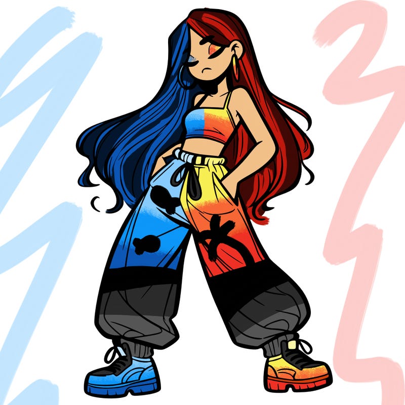 girl in baggy pants crop top and long hair