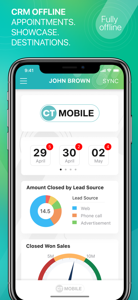 CT Mobile for Salesforce app dashboard showing offline CRM features and sales performance charts