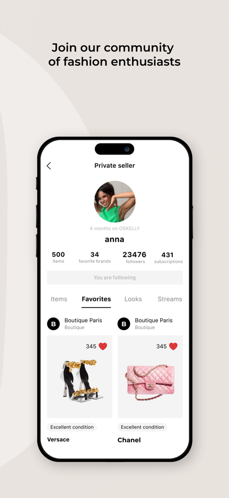 OSKELLY: Your Luxury Shopping - Pantalla de la aplicación OSKELLY que muestra el perfil de un vendedor privado con seguidores y artículos de lujo curados como zapatos Versace y un bolso Chanel.