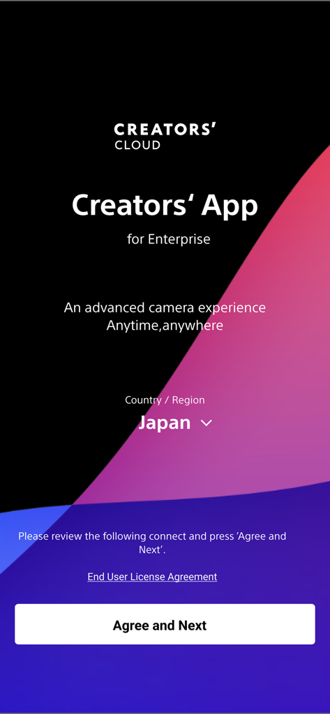 Sony | Creators' App for ENT - Pantalla de bienvenida de la aplicación Sony Creators para empresas que muestra la selección de región y el botón de aceptación