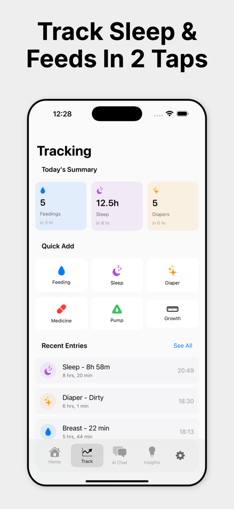 Nurtura: Baby Tracker - A screenshot of the Nurtura Baby Tracker app interface showing the tracking dashboard with a summary of daily feedings sleep and diaper changes