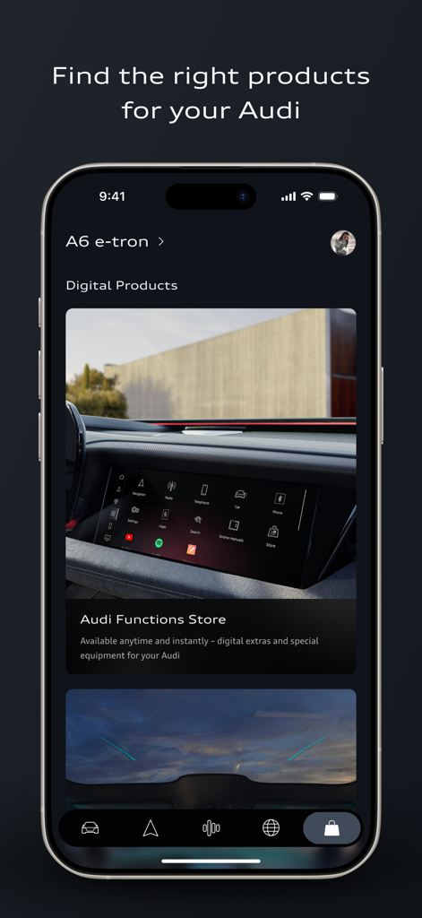 myAudi app interface showing the Audi Functions Store for purchasing digital vehicle upgrades and equipment.