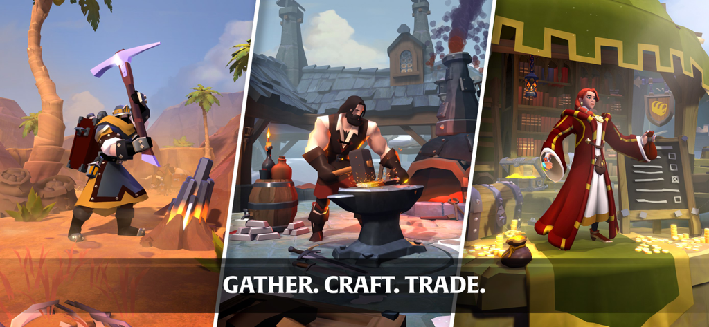 Albion Online - Three panels showcasing characters gathering resources, crafting equipment at an anvil, and trading at a marketplace.
