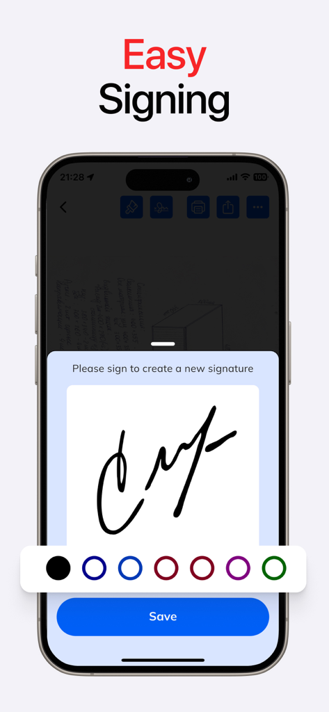 Document scanner: Scan to PDF - カラーオプションと保存ボタンを備えたデジタル署名作成画面を示すモバイルアプリのインターフェイス