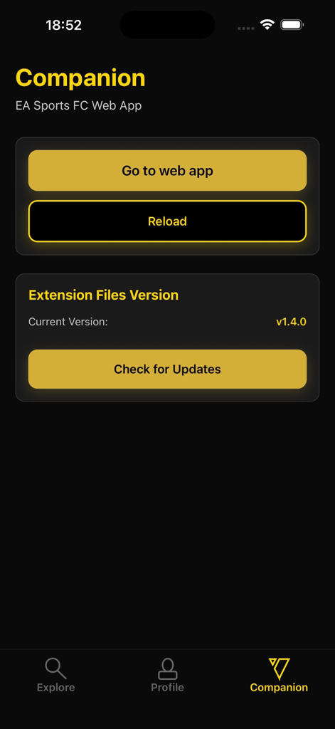 FUTGenie - FUTGenie app companion interface showing buttons to access the web app and check for extension updates
