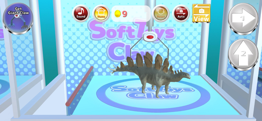 Soft Toys Claw : Claw Machine - Pantalla de juego de garra arcade mostrando un peluche de dinosaurio estegosaurio 3D como premio