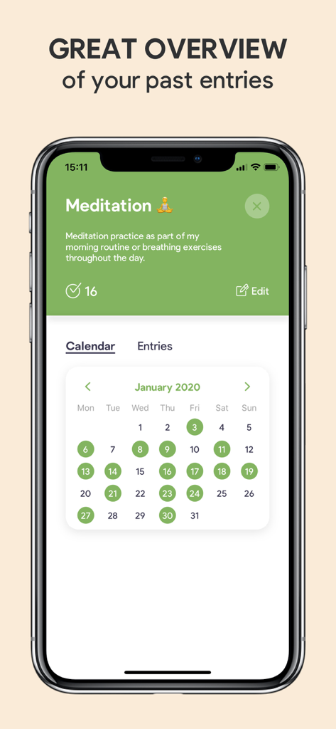 Sparkle: Self-Care Checklist - A smartphone showing a monthly calendar view within the Sparkle app tracking daily meditation sessions.