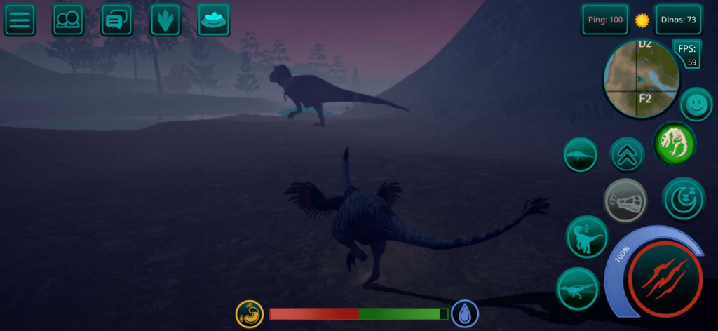 Gameplay of a feathered dinosaur running in a dark foggy environment with a T-Rex in the background