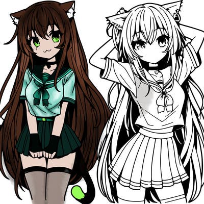 anime girl with very long hair with a cat shirt and a short skirt