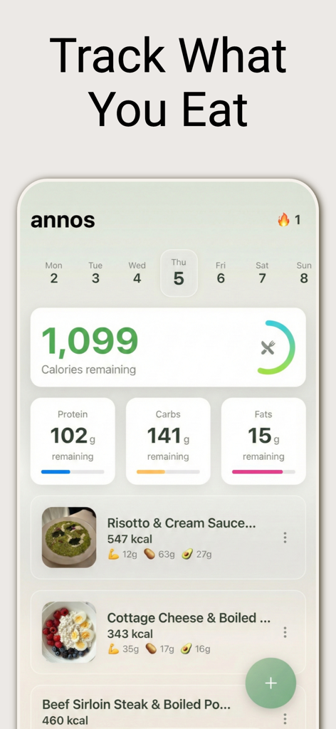 annos - calorie counter - Screenshot dell'interfaccia dell'app Annos che mostra un registro alimentare giornaliero con le calorie rimanenti e il monitoraggio dei macro per proteine, carboidrati e grassi.