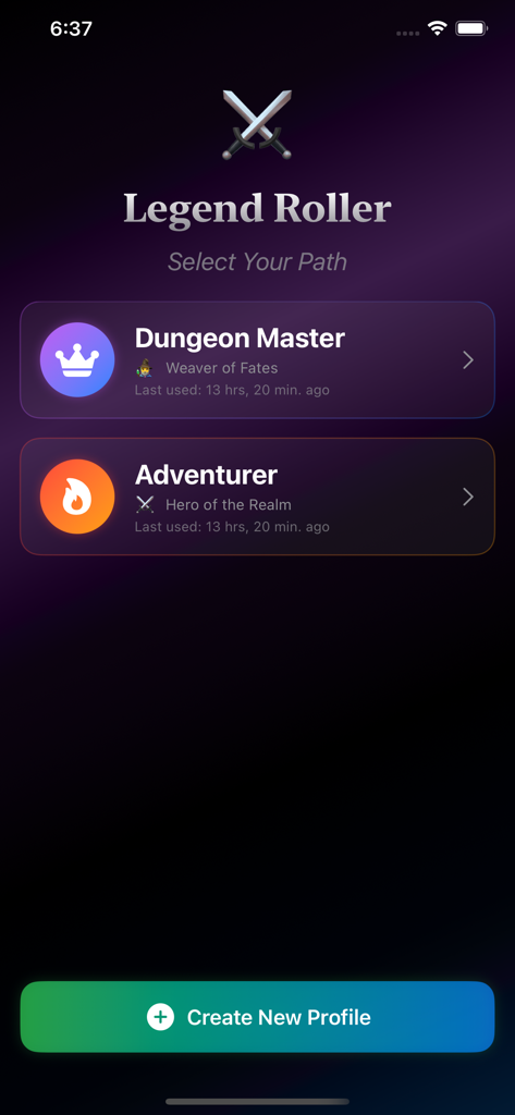 Profile selection screen in Legend Roller app showing Dungeon Master and Adventurer path options.