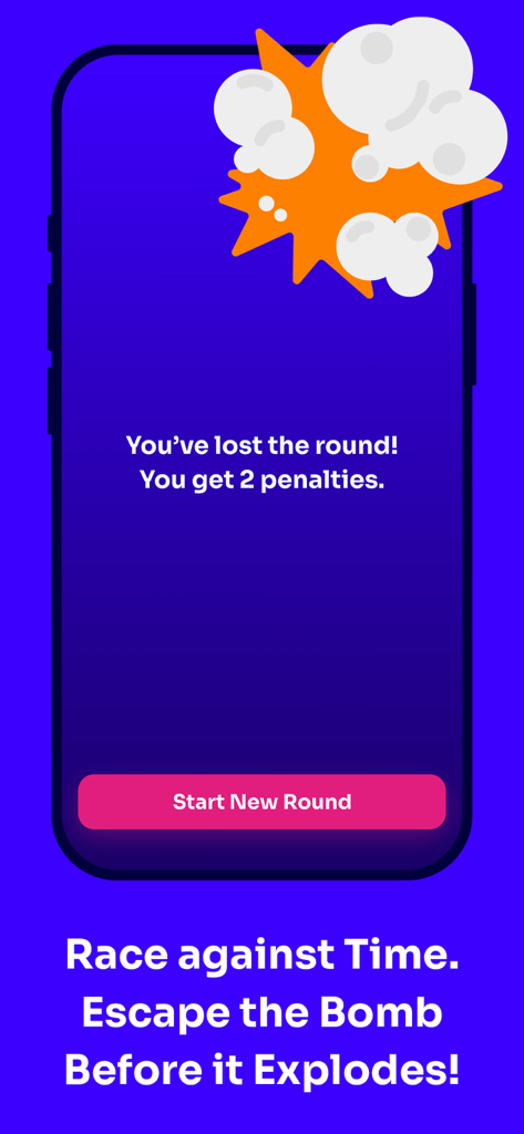 Boomit - Most Likely To - Un écran de téléphone portable montrant un message de round perdu et un graphique d'explosion de bombe dans l'application Boomit.