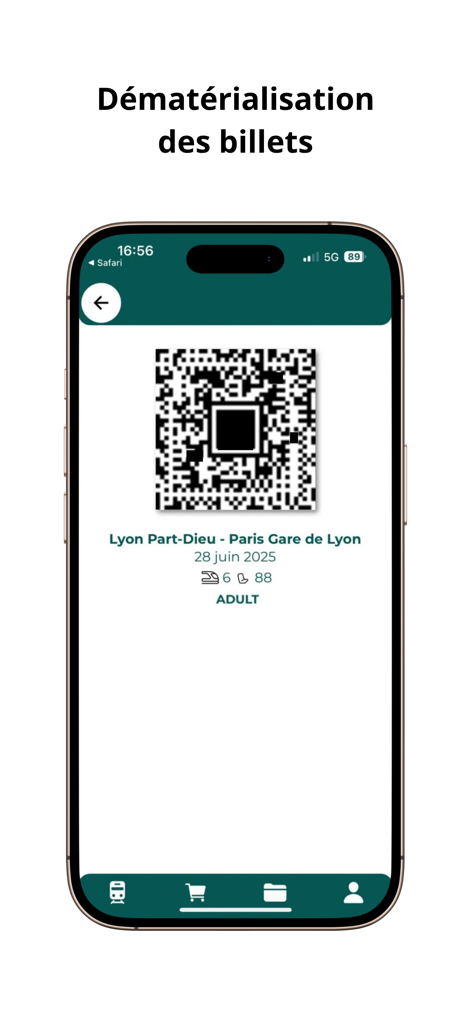 Pantalla de iPhone que muestra un billete de tren digital con un código QR para un viaje de Lyon a París en la aplicación Portail Entreprises.