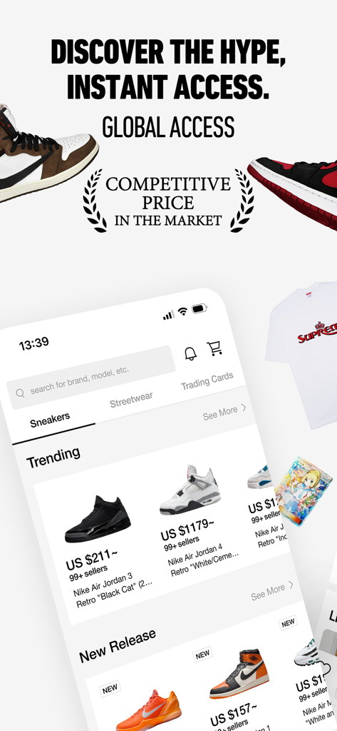 SNKRDUNK mobile app interface showing trending sneakers, streetwear, and trading cards with global access and competitive pricing.