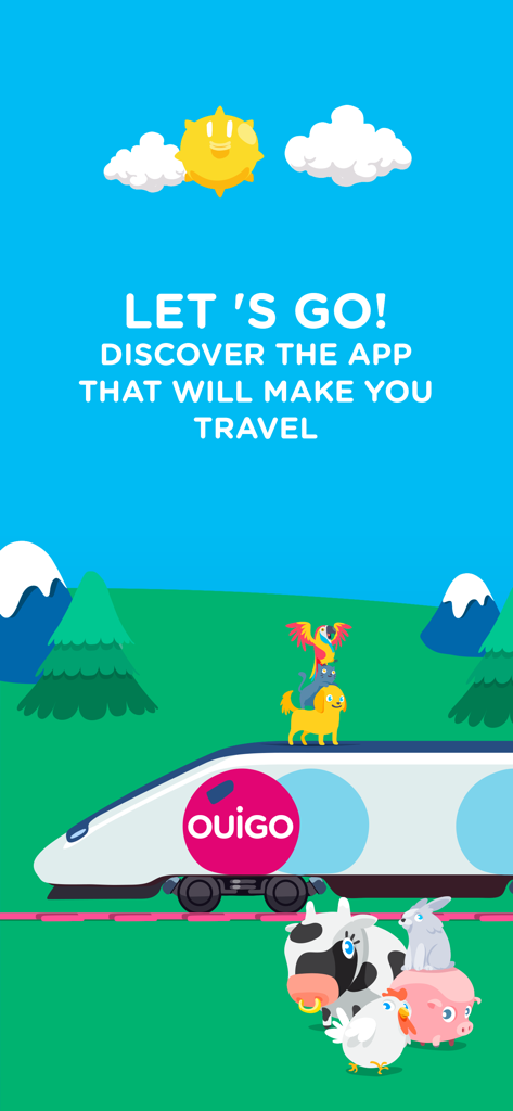 OUIGO Spain app welcome screen featuring a cartoon high speed train and friendly animals in a bright landscape