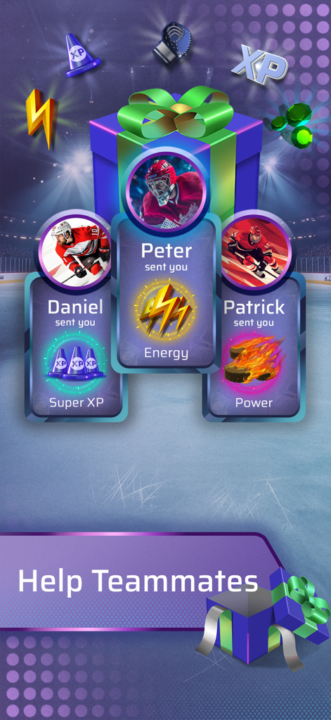 Uma interface de jogo mostrando companheiros de equipe enviando presentes de Energia, Super XP e Poder em PowerPlay Ice Hockey.