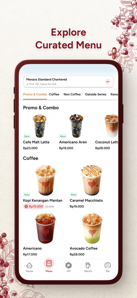 Kopi Kenangan Indonesia - A mobile app screen for Kopi Kenangan displaying a curated menu of iced coffee drinks and current promotional combos.