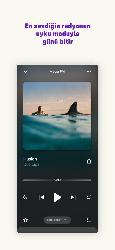 Karnaval: Radio & Podcast - Screenshot of the Karnaval app music player showing Metro FM radio station and the sleep timer feature