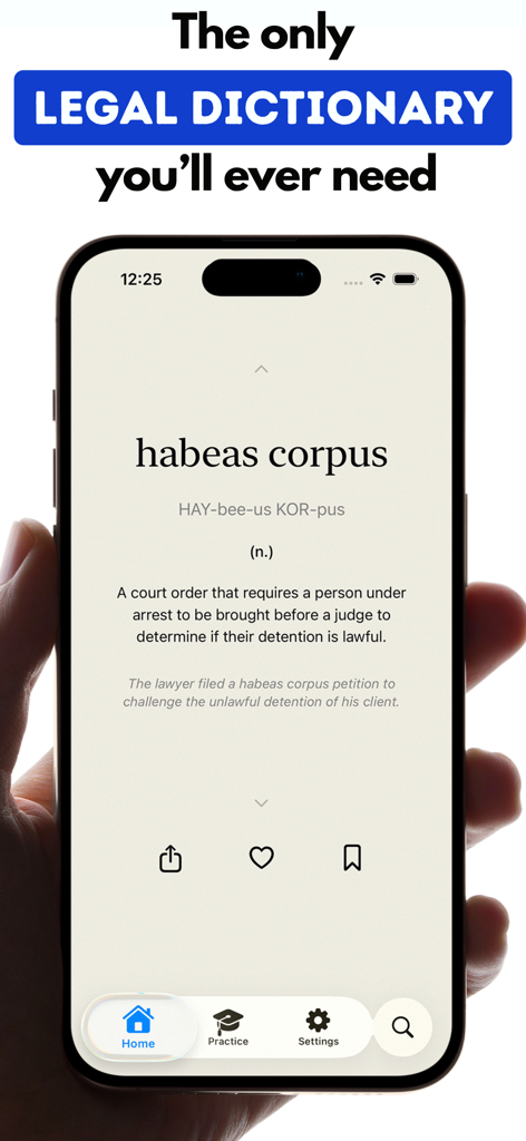 JurisNova: Legal Dictionary - JurisNova mobile app showing the definition and pronunciation for the legal term habeas corpus.
