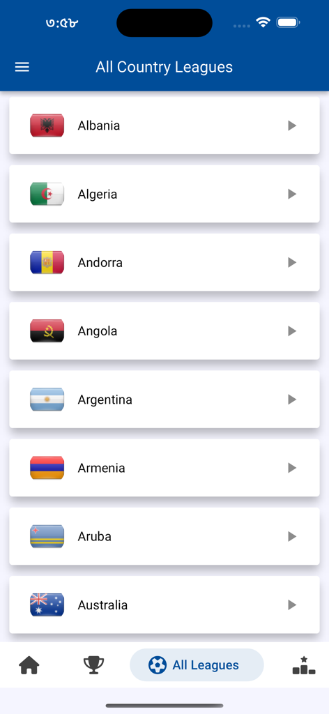 KickNow: Live Football Scores - KickNow app interface showing a list of global football leagues organized by country with flags.