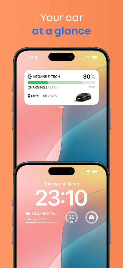 Zwei iPhones, die Kelec Home-Screen- und Sperrbildschirm-Widgets zur Überwachung des Batteriestands und des Ladestatus von Renault Elektrofahrzeugen anzeigen.