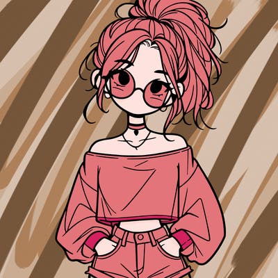 girl with a messy ponytail glasses a baggy crop top and jean shorts