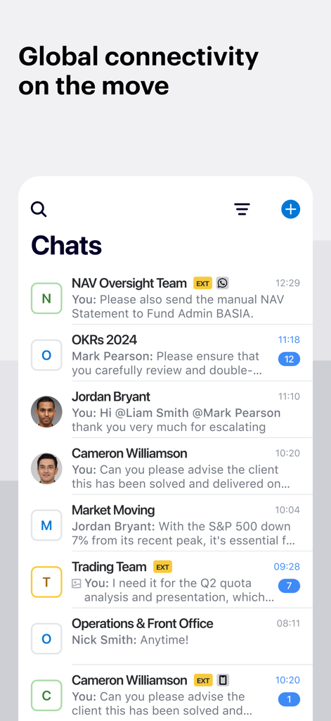 Symphony Messaging Intune - Interface mobile de l'application Symphony Messaging Intune montrant une liste de discussions professionnelles sécurisées pour les professionnels de la finance