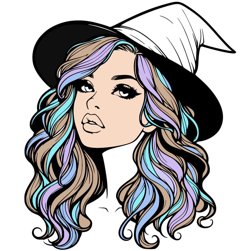 realistic witch girl with wavy hair and lips