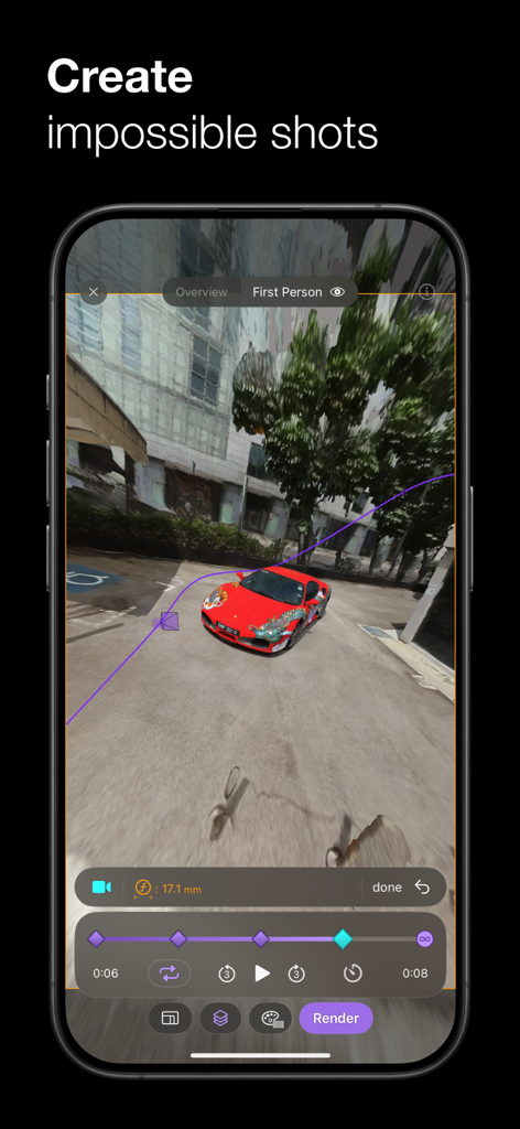 Luma 3D Capture app interface showing a 3D scene of a red car with a custom camera path for cinematic video rendering