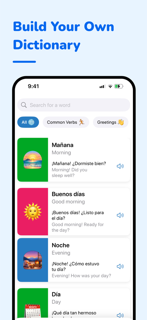 FluentFlow - Interfaz de la aplicación FluentFlow que muestra un diccionario personalizado con tarjetas de vocabulario en español y traducciones.