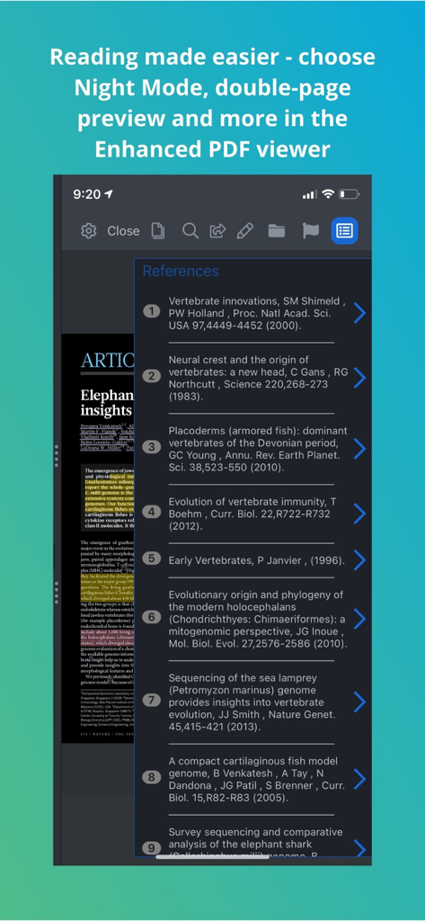 Papers by ReadCube - Papers by ReadCube App zeigt einen akademischen Artikel im Nachtmodus mit einer Seitenleiste klickbarer Zitate.