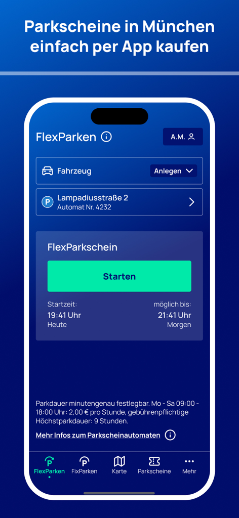 HandyParken München - HandyParken München app interface showing the FlexParken start screen for mobile parking in Munich.