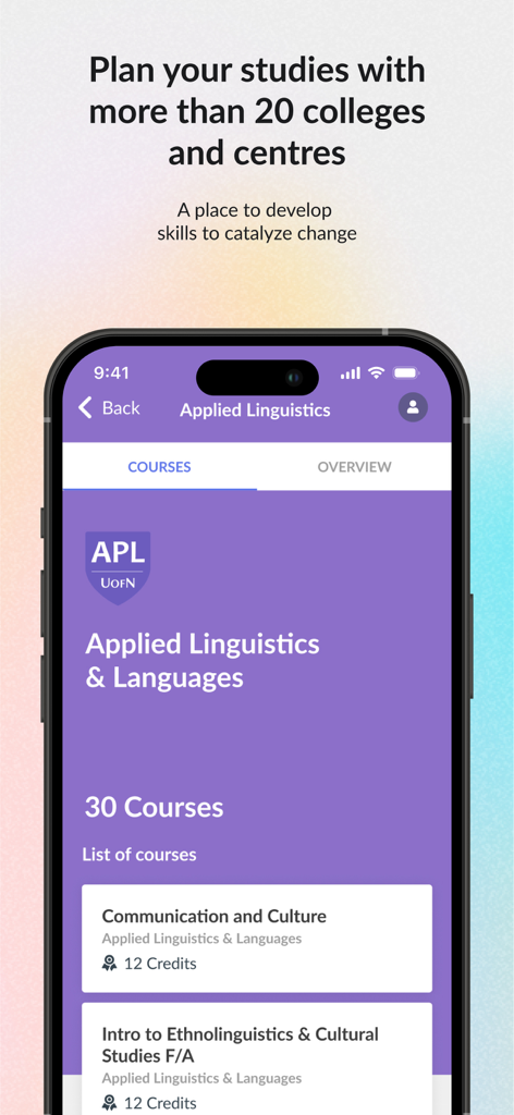 YWAM Training - Liste des cours de linguistique appliquée dans l'application YWAM Training montrant les titres des cours et les crédits