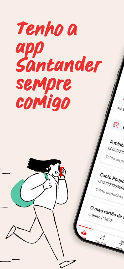 Interface do aplicativo de mobile banking Santander Portugal em um smartphone com uma ilustração de uma pessoa em movimento