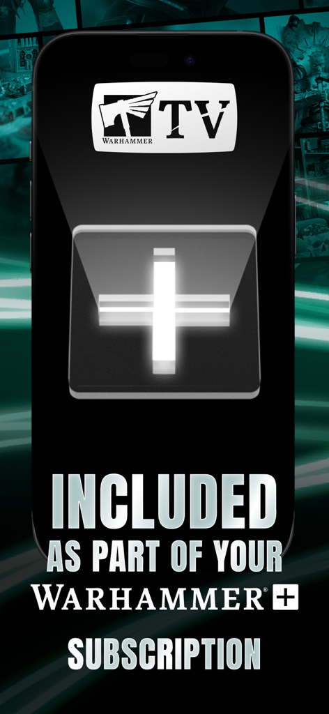 Warhammer TV app screen showing that access is included with a Warhammer plus subscription.