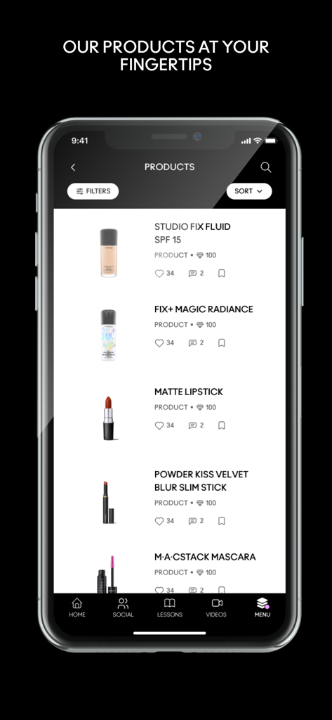 M·A·C X - A list of products on the MAC X app featuring items like Studio Fix Fluid and Matte Lipstick for retail artists