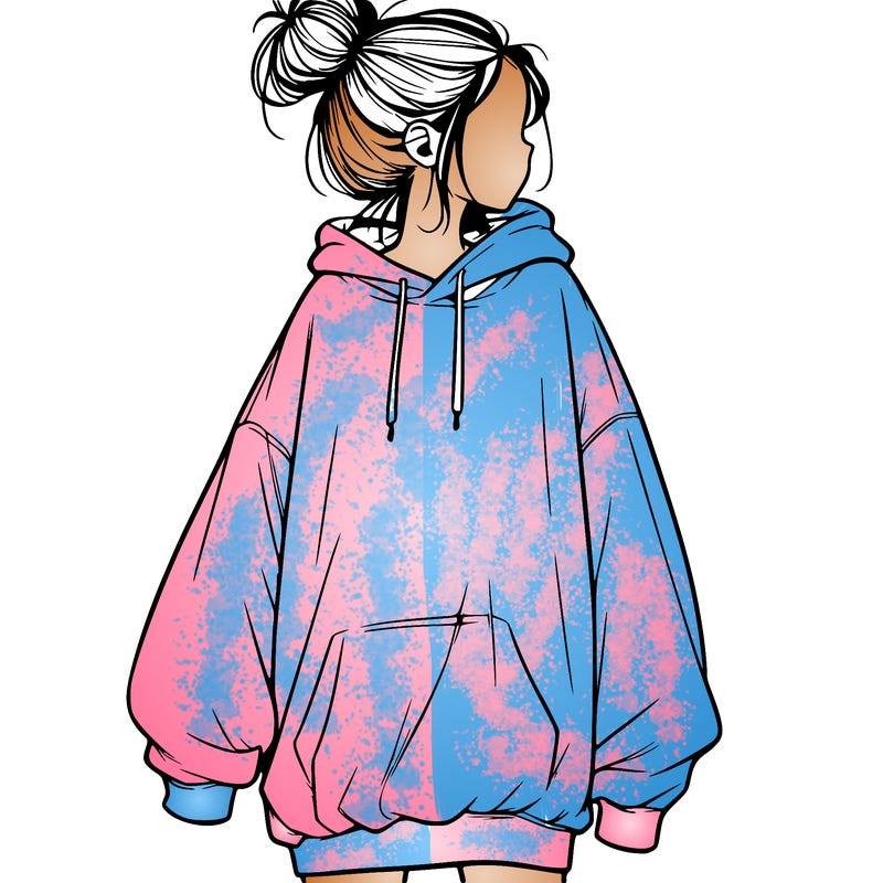 realistic girl with a oversized sweatshirt on and a bun