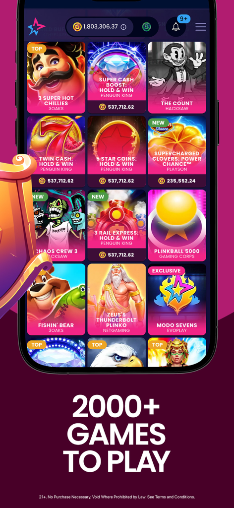 Modo Social Casino Slots - Interfaz de la aplicación móvil para Modo Social Casino que muestra una selección de más de 2000 juegos, incluyendo tragamonedas y juegos de mesa.