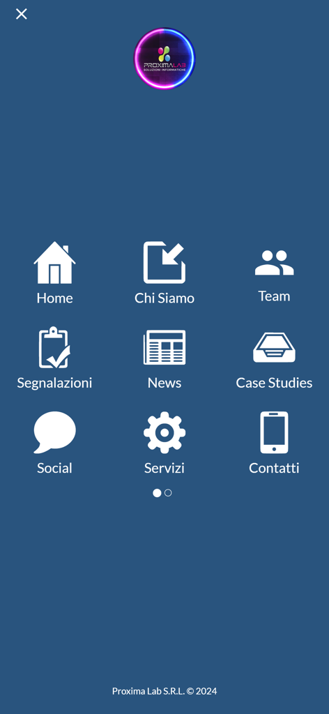 Proxima-App - Main menu interface of the Proxima App displaying icons for services, team, case studies, and customer support