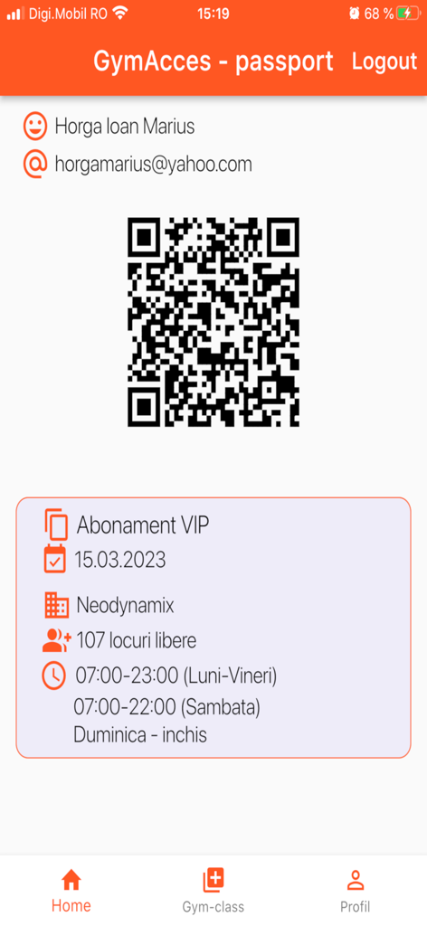 GymAcces Passport - Schermata principale dell'app GymAcces Passport che mostra un codice QR per l'accesso alla palestra e i dettagli dell'abbonamento