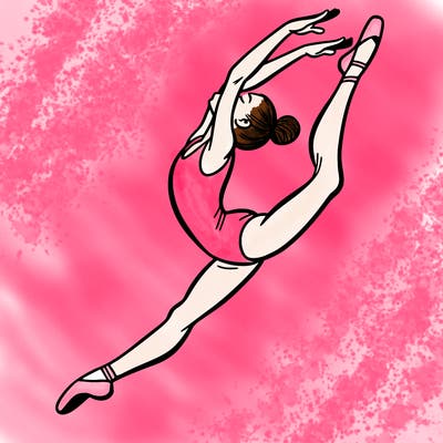gymnast doing a leap in a leotard with a bent back leg