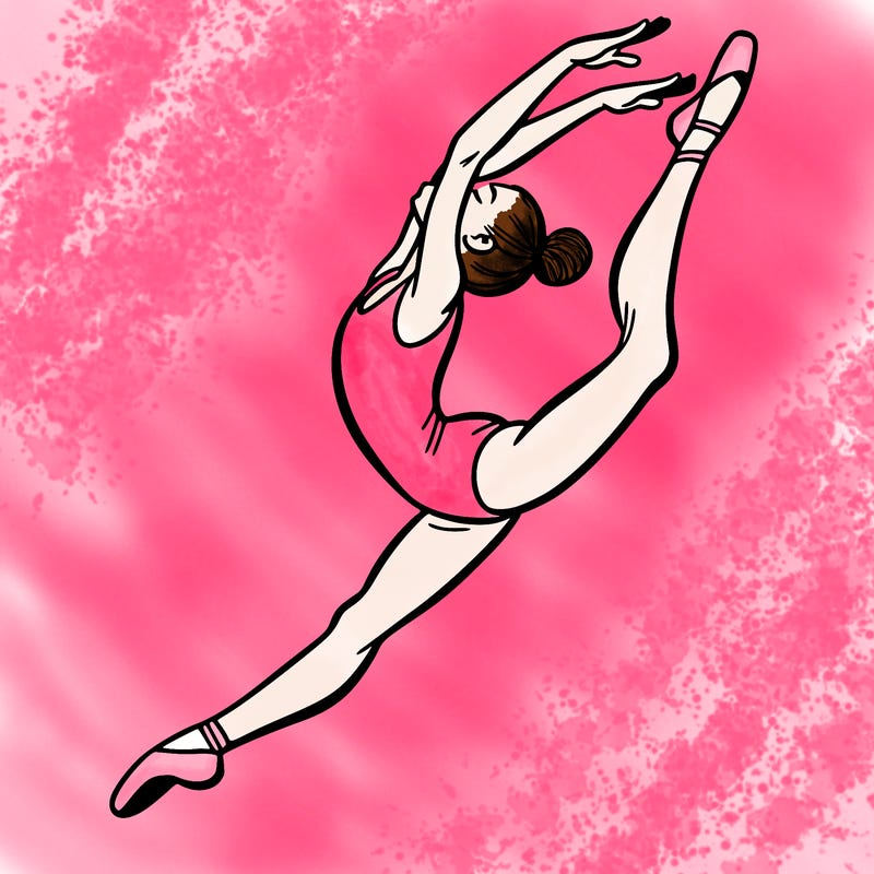 gymnast doing a leap in a leotard with a bent back leg